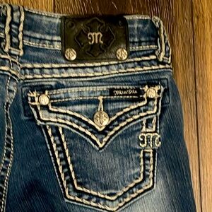 Miss Me Silver Ombré Whip Stitch Flap Pocket Easy Boot Dark Blue Jeans size 28